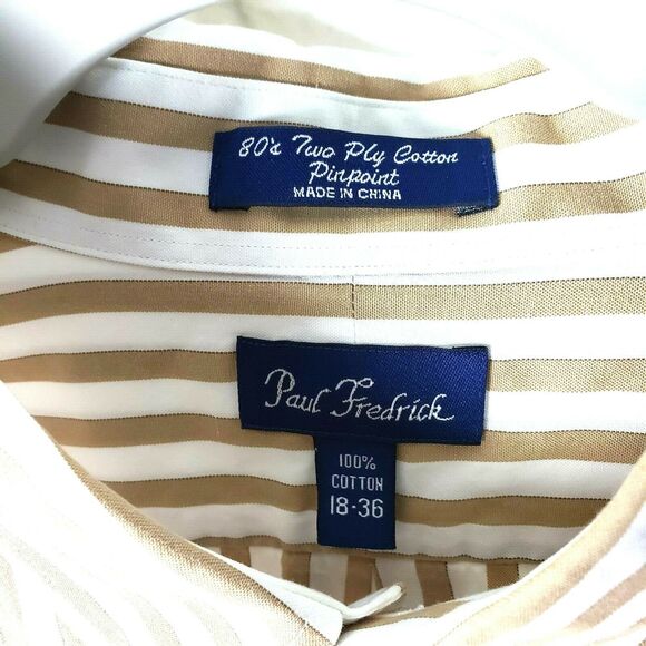 Paul Fredrick Shirt Pinpoint 80S Two-Ply Cotton Button Down Brown White 18/36 - Picture 6 of 6